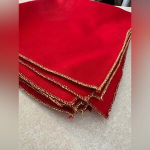 Set Of 7 Vintage Christmas Napkins Red Gold Tinsel Edge Used